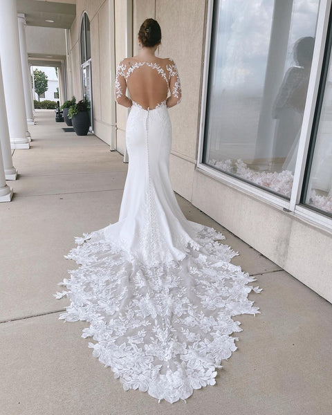Elegant Mermaid Scoop Neck Elastic Satin Wedding Dresses with Appliques VK23060905