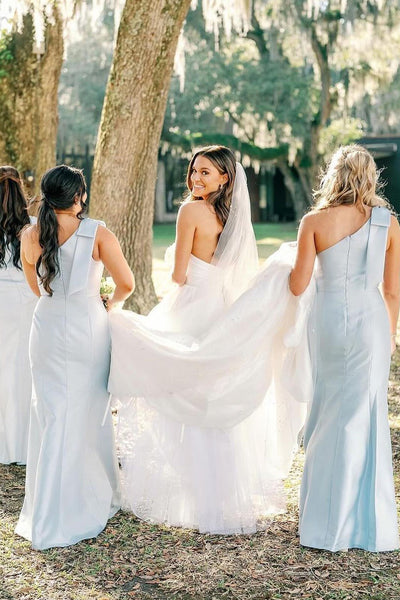 Light Blue One Shoulder Satin Sheath Long Bridesmaid Dresses VK24012502