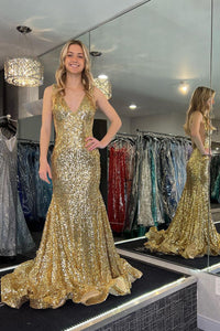 Gold V Neck Sequins Mermaid Prom Dresses VK24010802