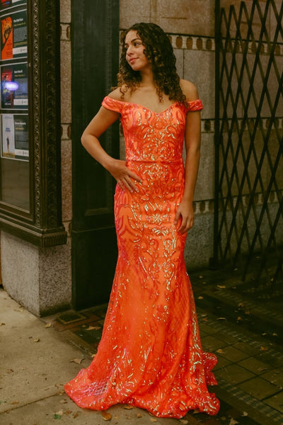 Orange Off the Shoulder Sequins Mermaid Long Prom Dresses VK24013004