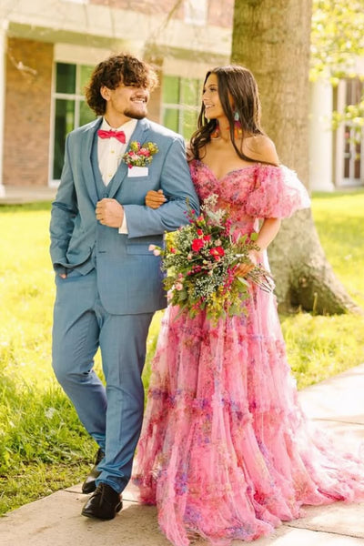 Gorgeous Ball Gown Tiered Pink Floral Tulle Prom Dress VK25060502