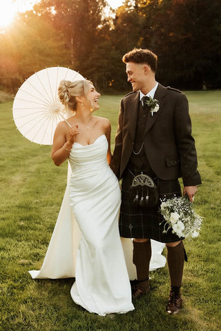 Mermaid Strapless White Satin Wedding Dresses with Train VK25092309