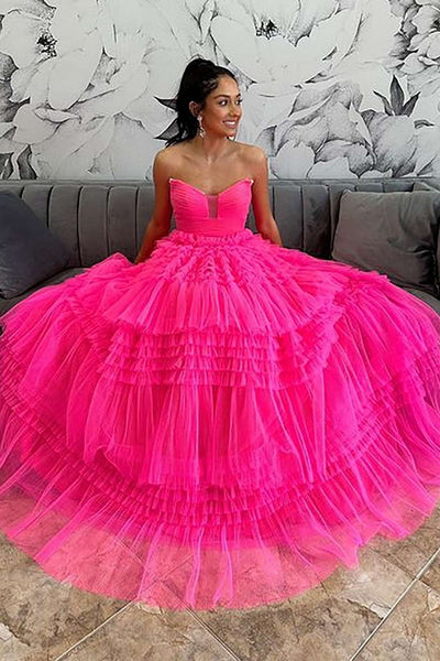 Hot Pink Strapless A-Line Tiered Tulle Formal Dress VK23113007