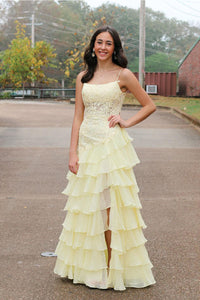 Cute Scoop Neck Daffodial Tiered Chiffon Prom Dress