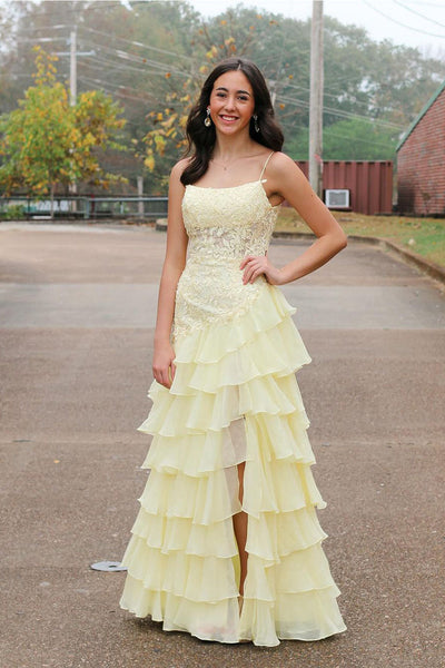 Cute Scoop Neck Daffodial Tiered Chiffon Prom Dress