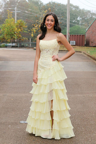 Cute Scoop Neck Daffodial Tiered Chiffon Prom Dress