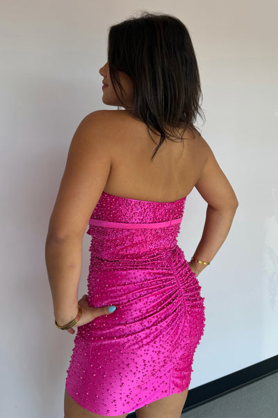 Bodycon Halter Fuchsia Satin Short Homecoming Dresses with Beads VK26081306