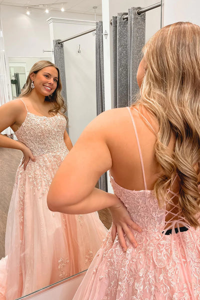 A-Line Scoop Neck Blush Pink Tulle Long Prom Dresses with Appliques VK23091007