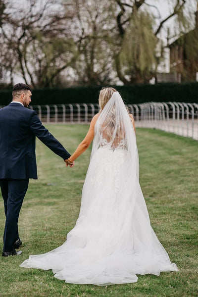 Boho A Line V Neck Tulle Wedding Dresses with Appliques VK25051403