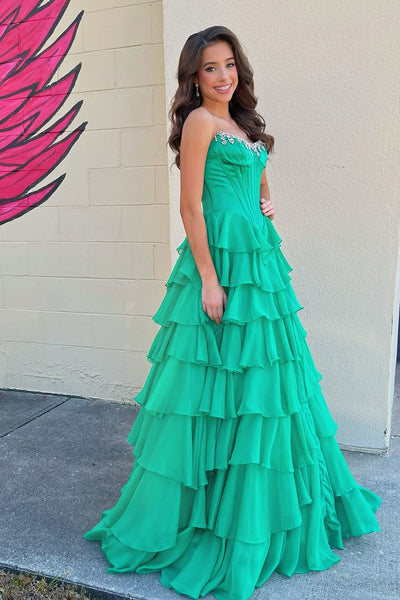 Gorgeous A Line Green Chiffon Tiered Prom Dress with Beading VK15112705