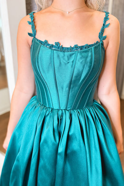 Ball Gown Scoop Neck Peacock Blue Satin Long Prom Dresses VK021202