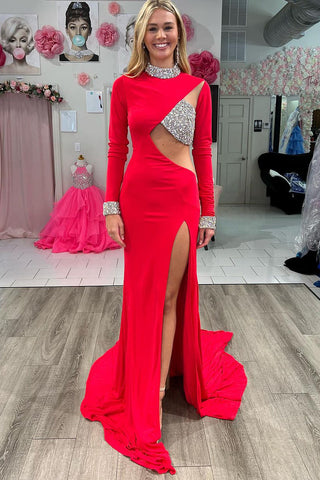Mermaid High Neck Long Sleeve Red Cutout Prom Dresses with Beading VK23120102