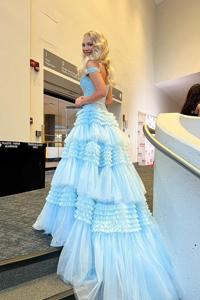 Princess A-Line Off the Shoulder Light Blue Tulle Prom Dresses Quinceanera Dresses VK230720004
