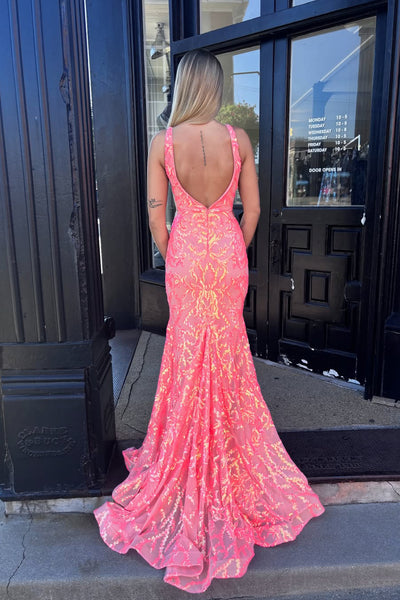 Charming Mermaid V Neck Coral Sequins Long Prom Dresses VK25112502