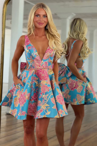 Cute A Line V Neck Blue Jacquard Satin Short Homecoming Dress with Beading VK26050902