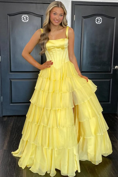 A-Line Square Neck Yellow Ruffle Tiered Chiffon Long Prom Dresses with Slit VK26011805
