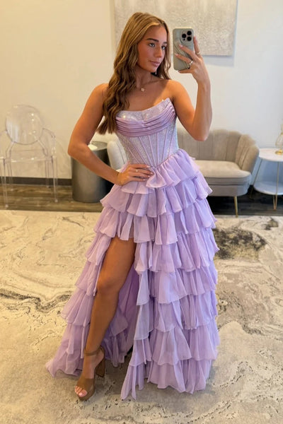 Gorgeous A Line Scoop Neck Chiffon Tiered Prom Dresses with Slit VK25111901