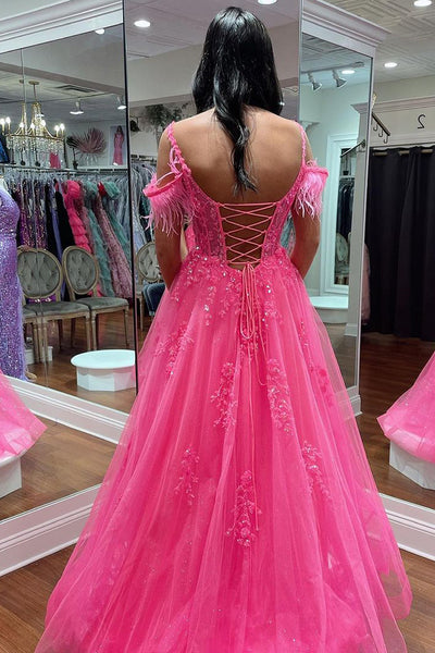 Pink Cold Shoulder A-Line Tulle Long Prom Dresses with Appliques VK24032604