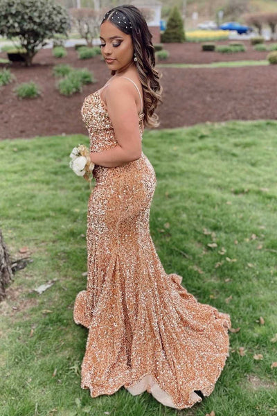 Gold Sequin V-Neck Lace-Up Mermaid Long Prom Gown VK23121208