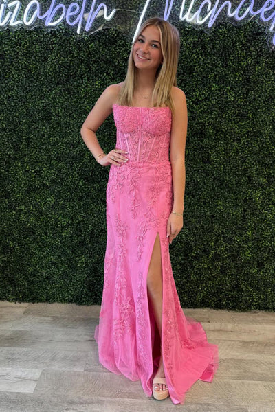 Mermaid Scoop Neck Pink Lace Prom Dress with Slit VK162407