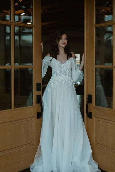 Fairy A-Line Off the Shoulder Tulle Wedding Dresses VK24112209