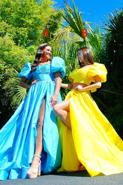 Yellow Two Piece Sweetheart  A-Line Prom Dresses with Slit VK24051605