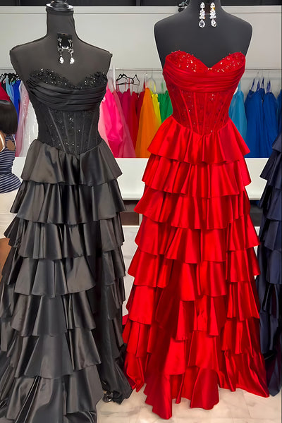 A-Line Strapless Navy Blue Ruffle Tiered Satin Long Prom Dress with Beads VK26010502