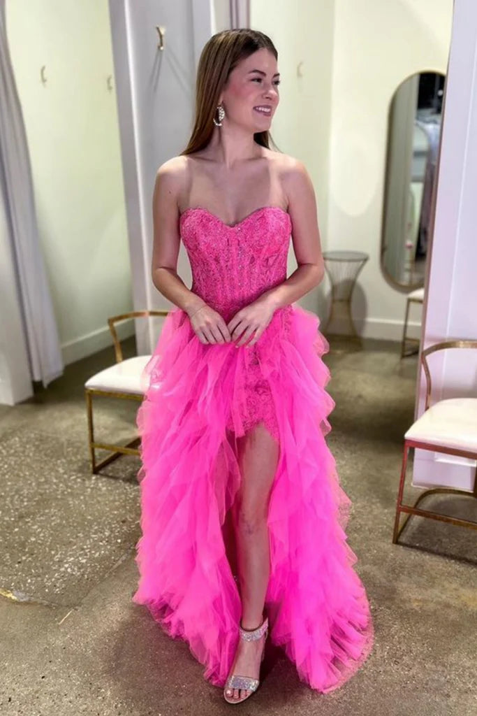 Cute Sheath Strapless Hot Pink Lace Long Prom Dresses