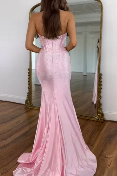 Mermaid Halter Pink Corset Beads Long Prom Dresses with Slit VK26020105
