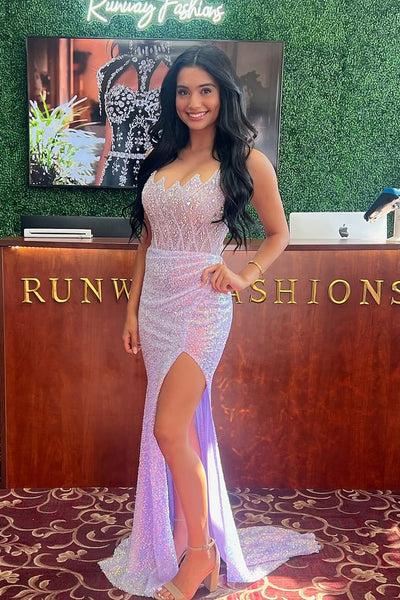 Mermaid Strapless Lilac Sequins Long Prom Dresses with Slit VK25032002