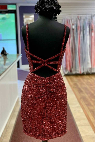 Glitter V Neck Red Sequins Tight Mini Homecoming Dress VK23092007
