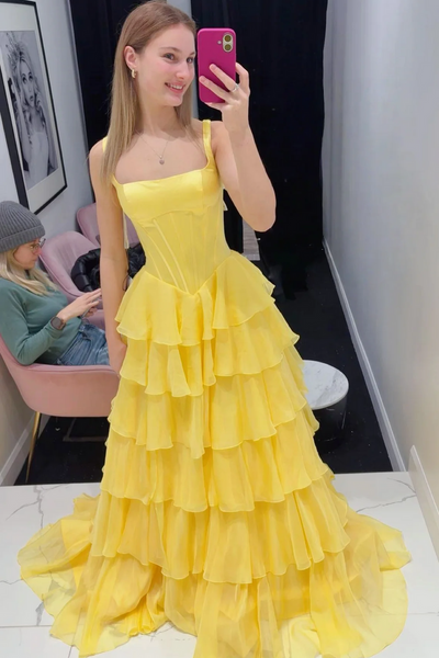 A-Line Square Neck Yellow Ruffle Tiered Chiffon Long Prom Dresses with Slit VK26011805