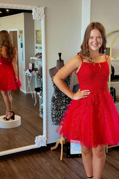 A-Line Scoop Neck Red Lace Tulle Short Homecoming Dresses VK25091609