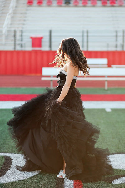 Cute Sweetheart Black Tulle Tiered Slit Long Prom Dress with Beading VK24120403