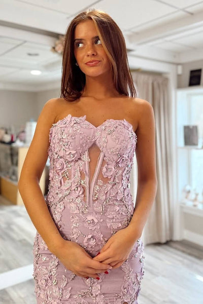 Stunning Mermaid Strapless Sweetheart Lilac Lace Appliques Long Prom Dresses with Slit VK26012402