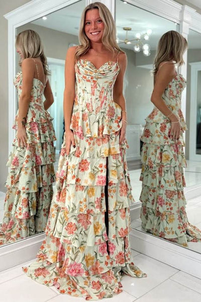A-Line Sweetheart Spaghetti Straps Floral Printed Tiered Long Prom Dresses with Slit VK26011603