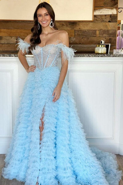 White Beaded Feather Off-the-Shoulder Tiered Long Prom Dress with Slit VK23120606