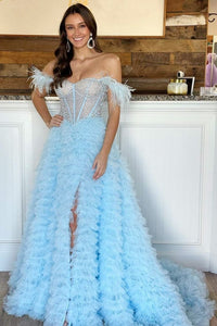 Light Blue Beaded Feather Off-the-Shoulder Tiered Long Prom Dress with Slit VK23120604