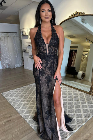 Black Halter Lace Appliques Mermaid Long Prom Dresses with Slit VK23121605