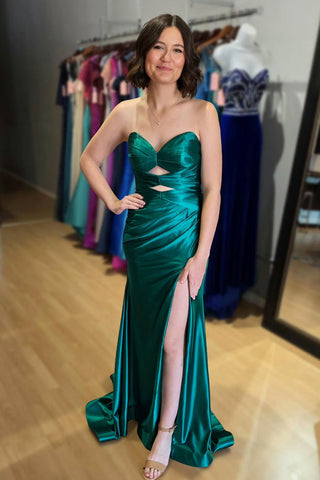 Cute Mermaid Sweetheart Keyhole Green Satin Prom Dress with Slit VK15120304