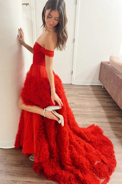 Off-the-Shoulder Red Ruffle Long Prom Dress with Slit VK24010902