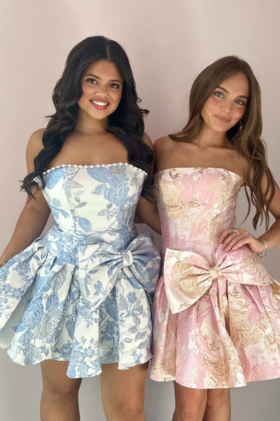 A Line Strapless Light Blue Jacqaurd Satin Homecoming Dress VK26070706