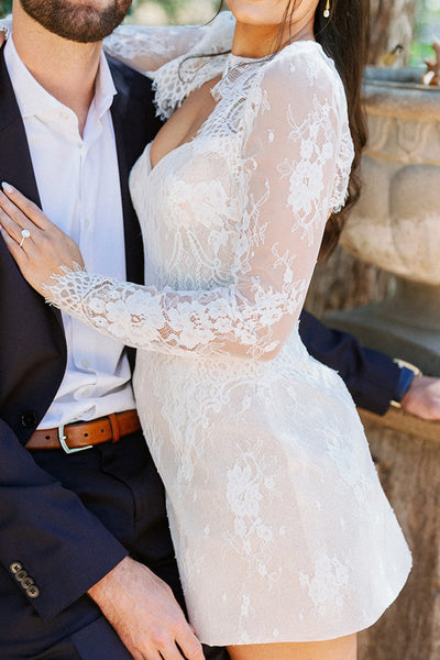 White A-Line Long Sleeves Round Neck Floral Lace Short Wedding Dresses VK26102803