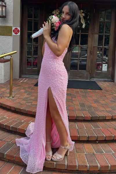 Mermaid Sweetheart Pink Sequins Long Prom Dresses with Slit VK26011310