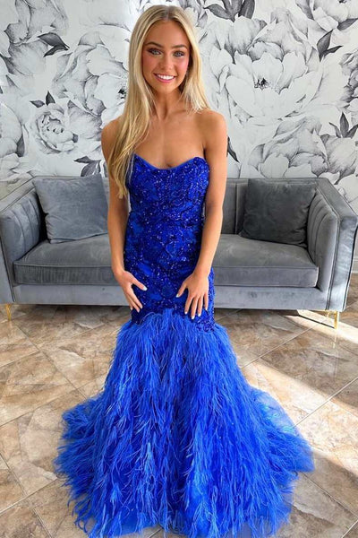 Royal Blue Feathers Beaded Strapless Trumpet Long Formal Gown VK23092401