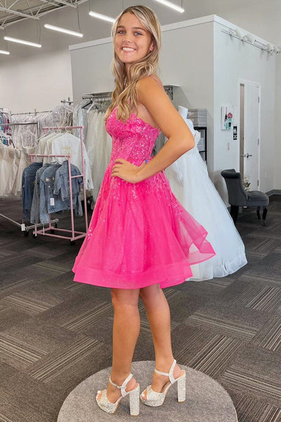 Hot Pink Straps Sequin A-Line Short Homecoming Dress VK23081202