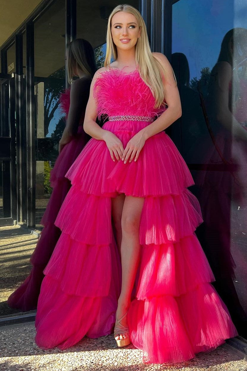High-Low Hot Pink Strapless Feathers Prom Dress VK23102807