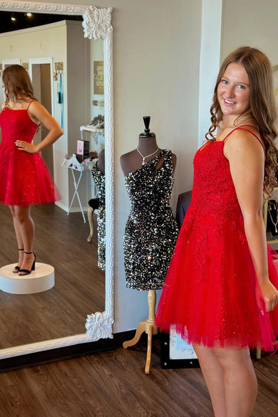 A-Line Scoop Neck Red Lace Tulle Short Homecoming Dresses VK25091609