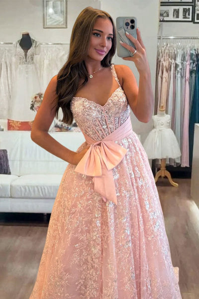Sparkly A-Line Pink Corset Sequin Lace Long Prom Dresses with Bow VK26010601