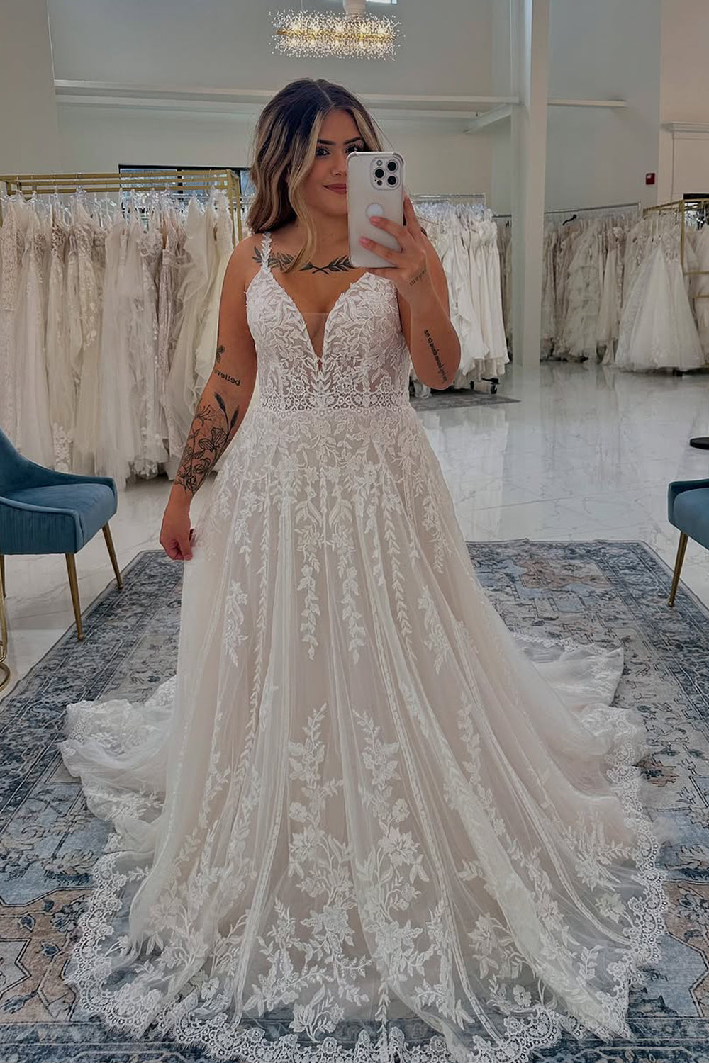 A-Line V Neck Ivory Tulle Lace Wedding Dresses VK021305